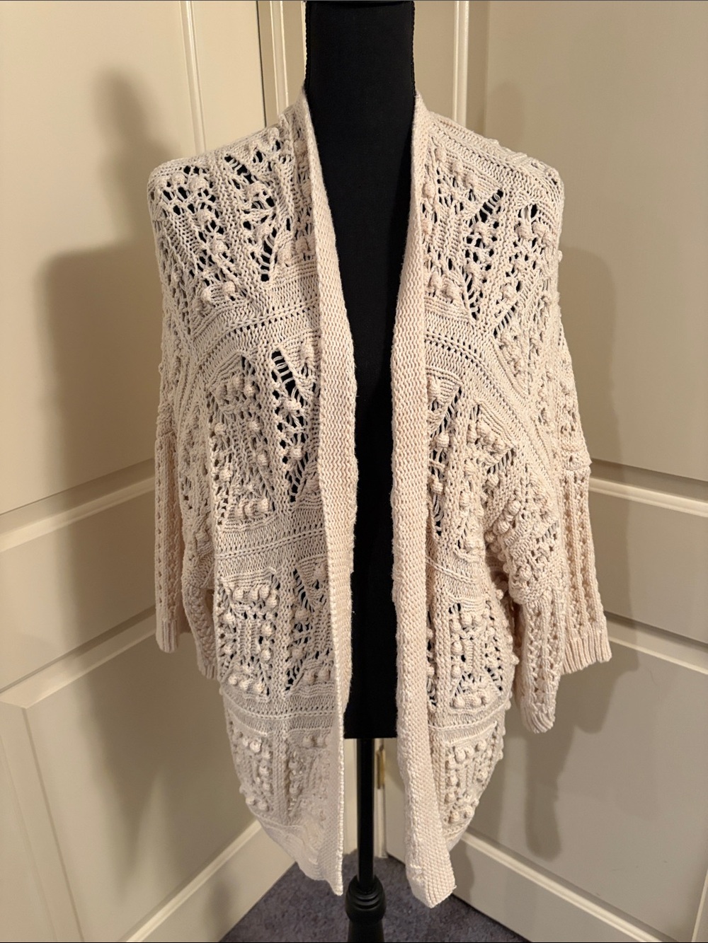 Lucky Brand Cream Crochet Open-Front Cardigan